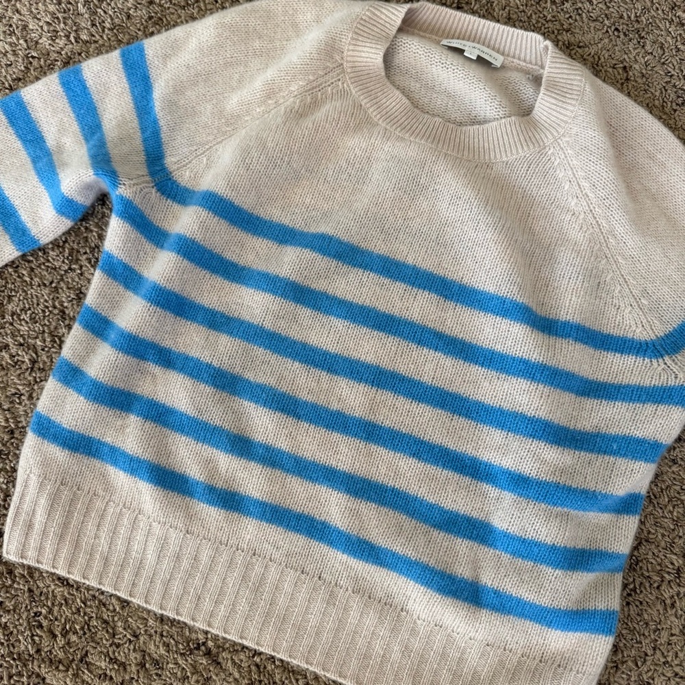 White + Warren 100% Cashmere Blue and Cream/Tan Striped Sweater Large - Picture 3 of 8